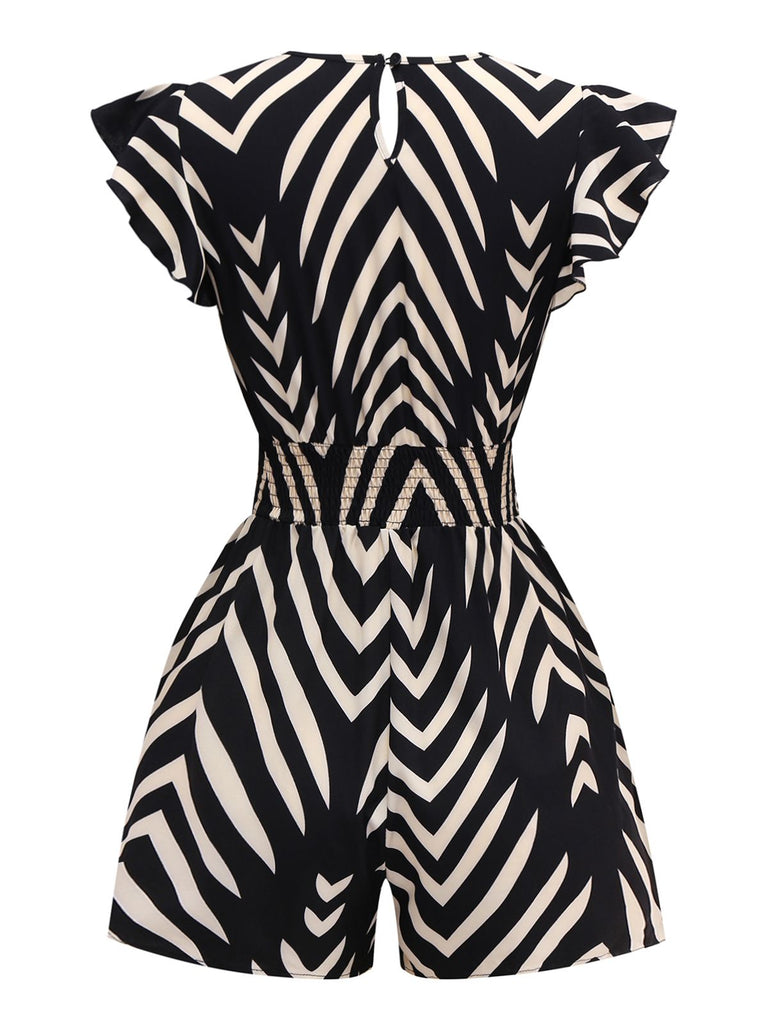 Black 1950s Zebra Striped Ruffled Waist Romper - vintage jumpsuit, retro fashion, classic black