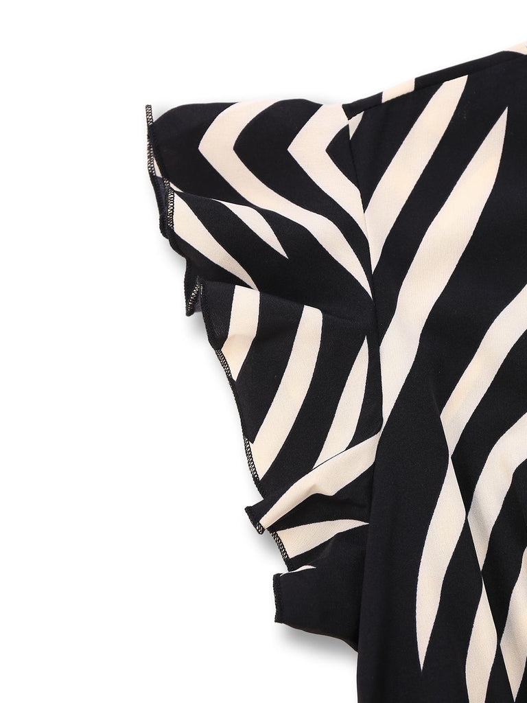 Black 1950s Zebra Striped Ruffled Waist Romper - vintage jumpsuit, retro fashion, classic black