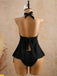 Black 1950s Textured Floral Halter Deep V Tankini Set back-view