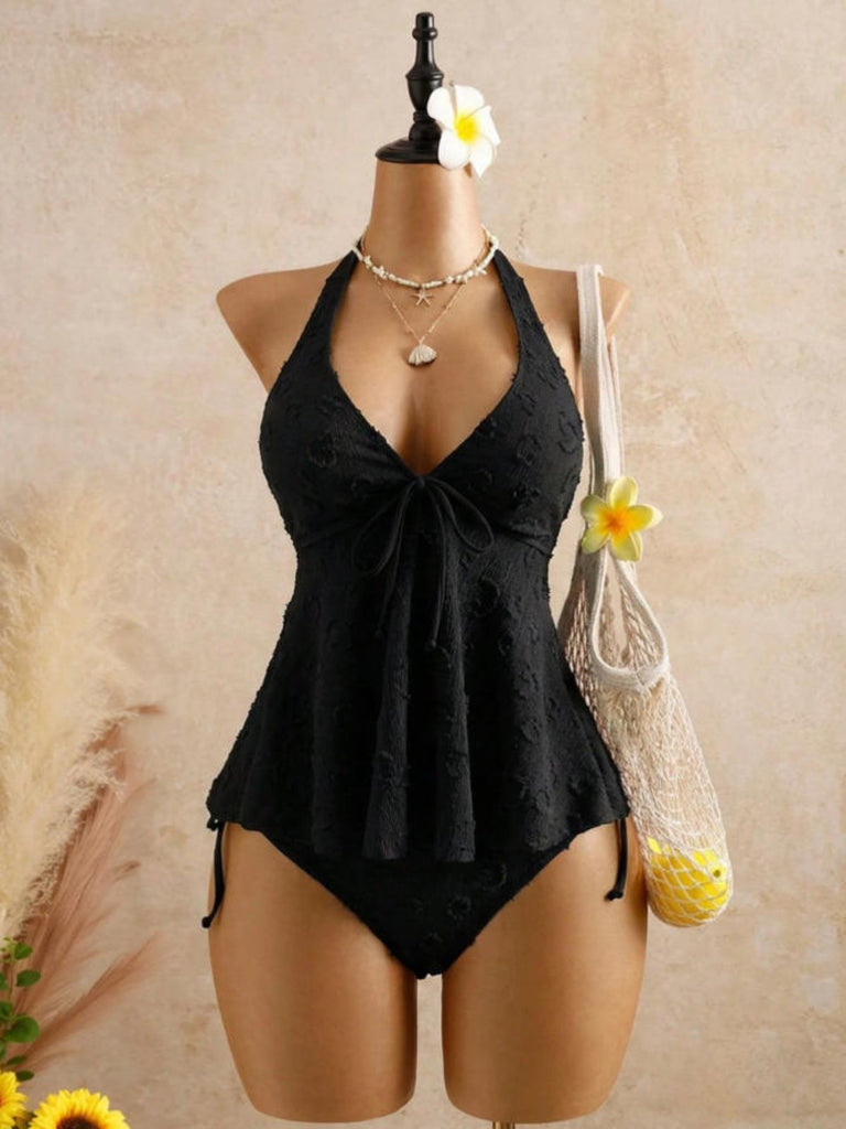 Black 1950s Textured Floral Halter Deep V Tankini Set model