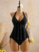 Black 1950s Textured Floral Halter Deep V Tankini Set model