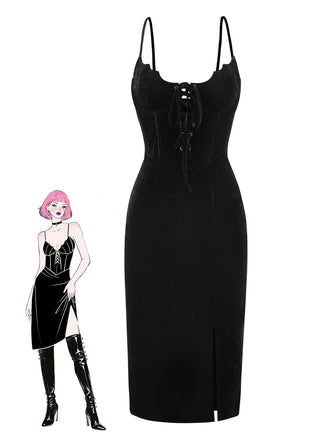 Black 1960s Bat Neckline Velvet Slit Dress - vintage dress, retro fashion, classic black