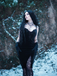 Black 1960s Bat Neckline Velvet Slit Dress - vintage dress, retro fashion, classic black