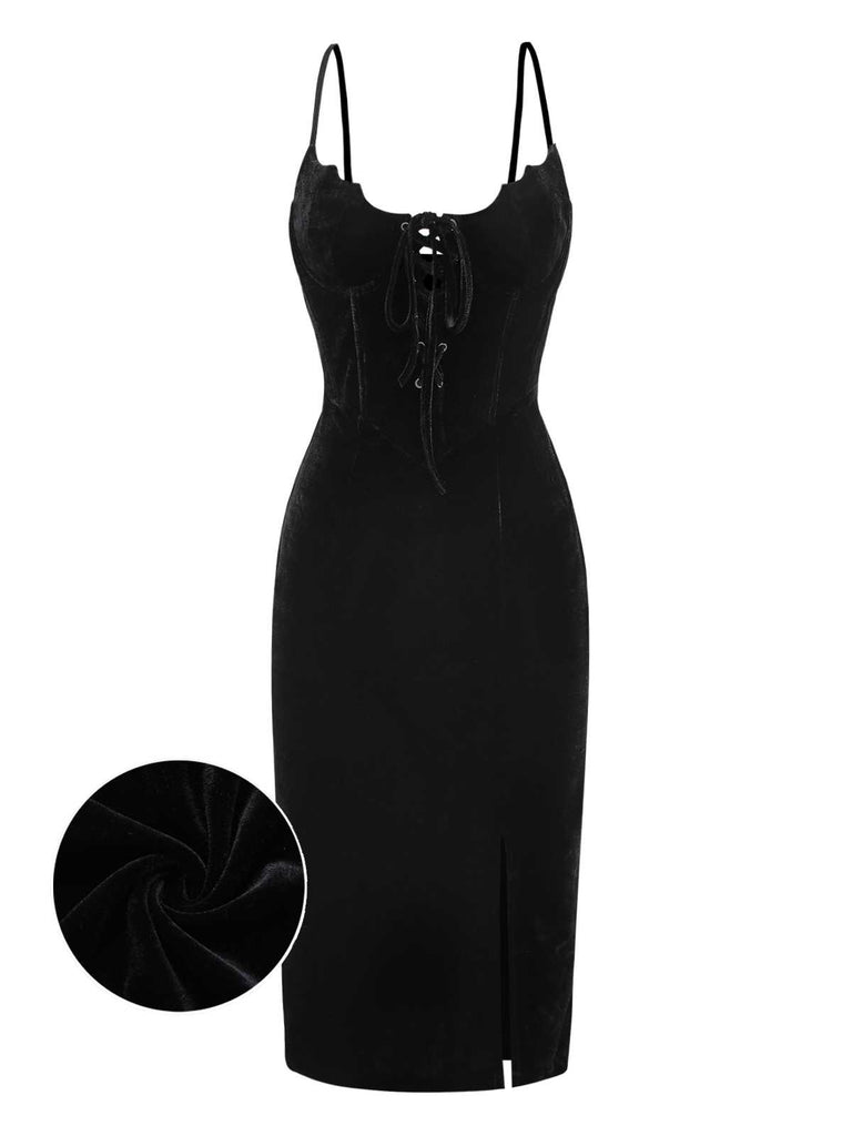 Black 1960s Bat Neckline Velvet Slit Dress - vintage dress, retro fashion, classic black