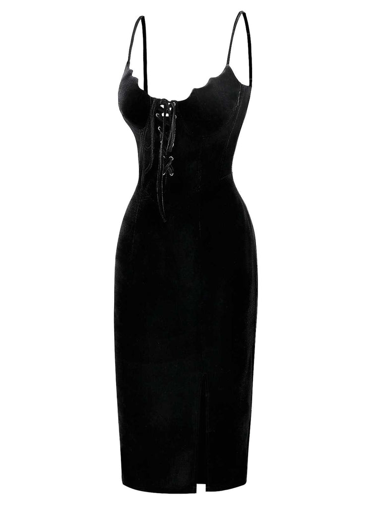 Black 1960s Bat Neckline Velvet Slit Dress - vintage dress, retro fashion, classic black