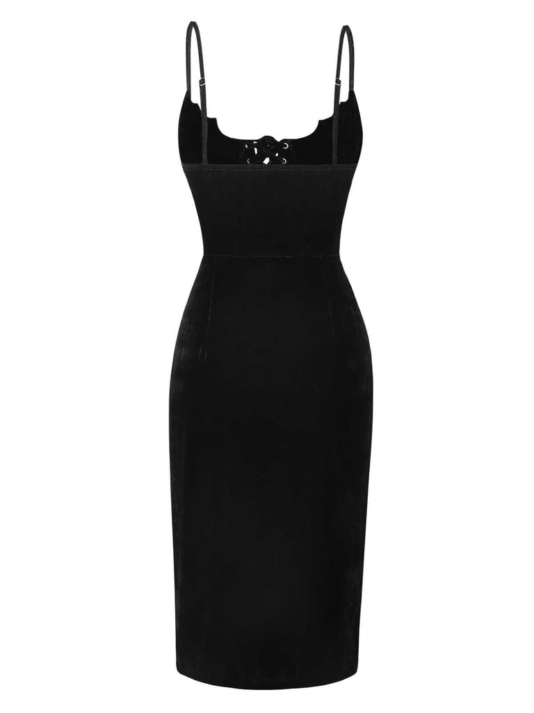 Black 1960s Bat Neckline Velvet Slit Dress - vintage dress, retro fashion, classic black