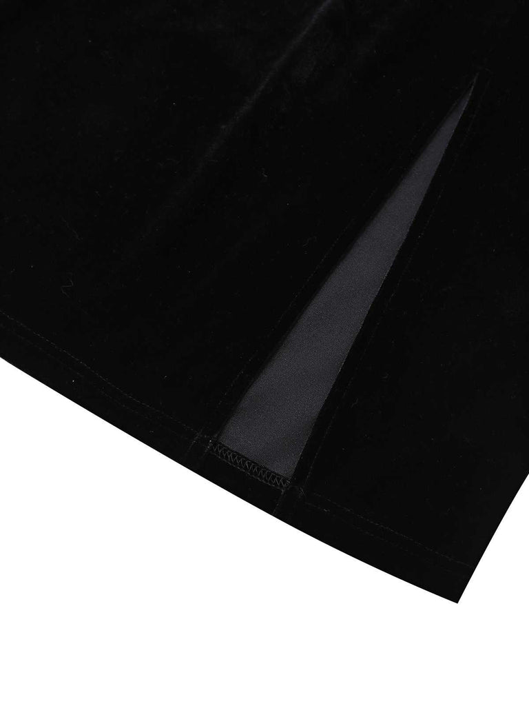 Black 1960s Bat Neckline Velvet Slit Dress - vintage dress, retro fashion, classic black