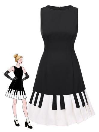 She slips into this Black 1960s Boat Neck Piano Key Patchwork Dress and suddenly it's a 1960s daydream