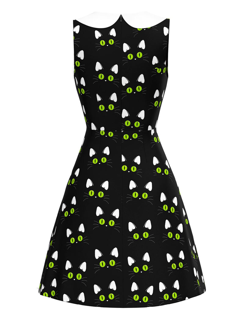 Women's Halloween Cat Print Paw Pockets Mini Shift Dress Cute Goth Dress Black