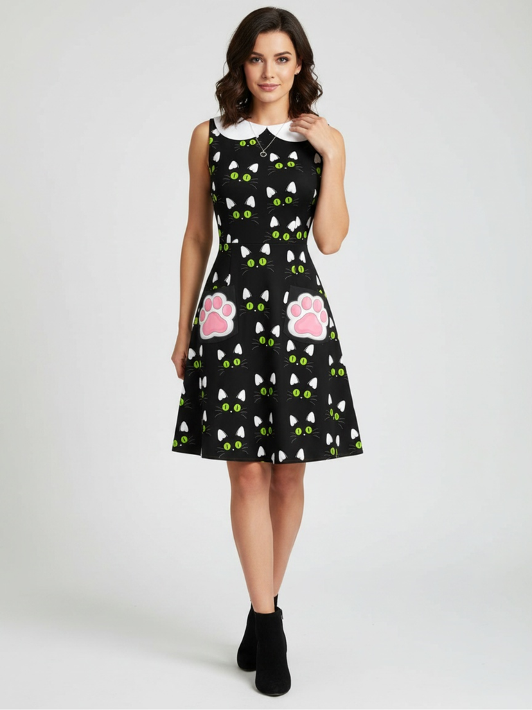 Black 1960s Cat Print Paw Pockets Dress, vintage dress, retro fashion - perfect for women who love vintage and retro fashion