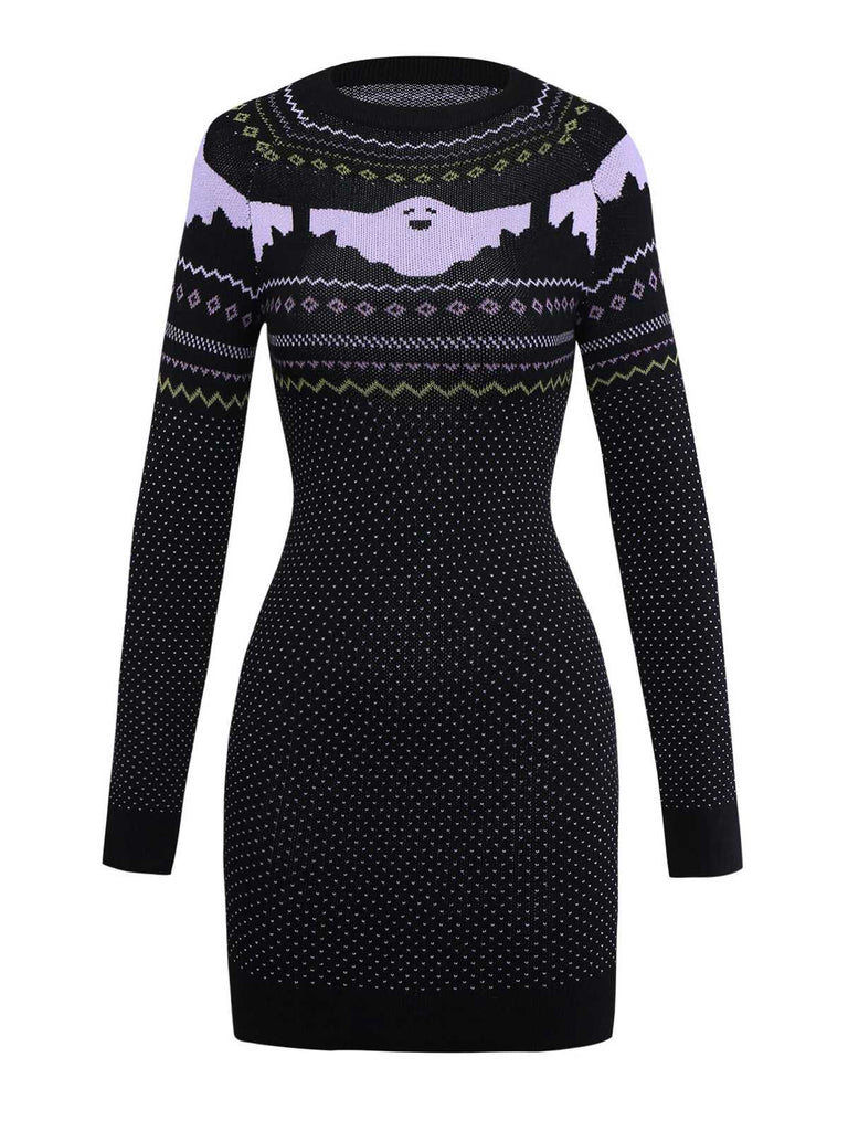 Black 1960s Dots Halloween Ghost Sweater Dress - vintage dress, retro fashion, classic black