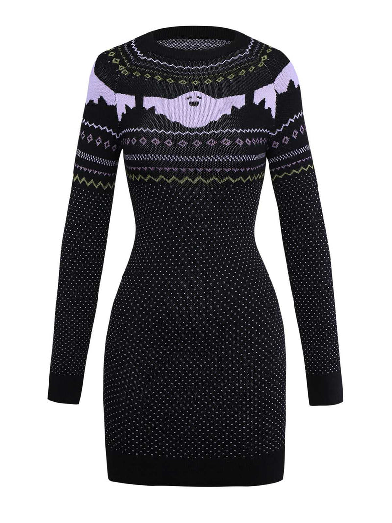 Women's Ghost Print Long Sleeve Mini Sweater Dress Vintage Halloween Dress Black