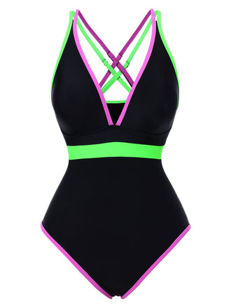 She's wearing Black 1960s Double Straps Colorblock Binding Swimsuit and the whole beach remembers the 1960s