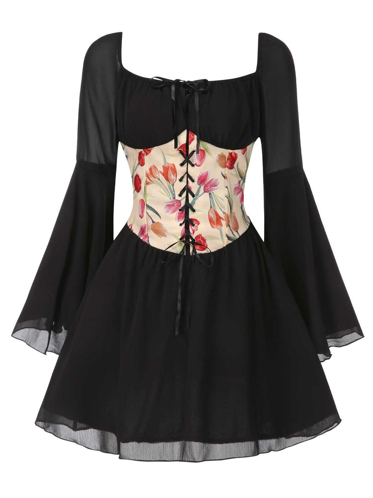 Black 1960s Flare Sleeve Floral Corset Mini Dress | Retro Stage Black 1960s Flare Sleeve Floral Corset Mini Dress | Retro Stage