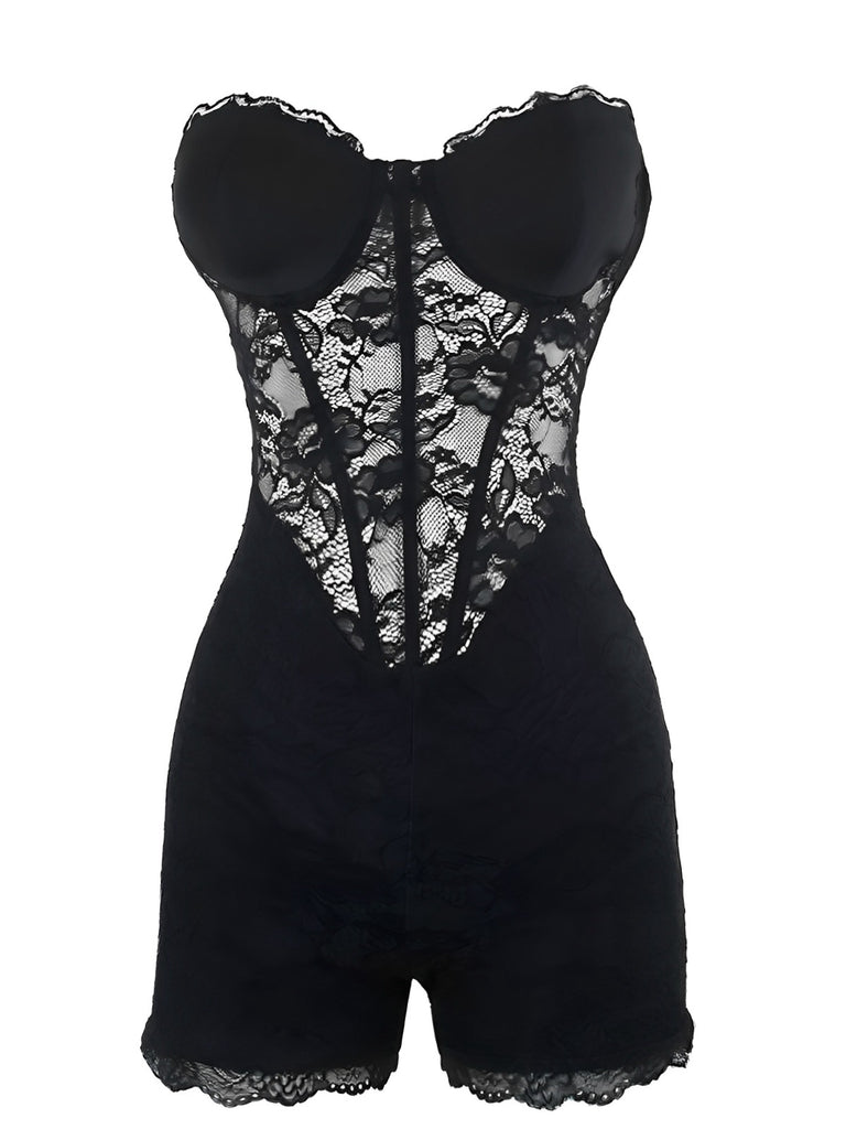 Black 1960s Floral Lace Bandeau Romper - vintage jumpsuit, retro fashion, classic black