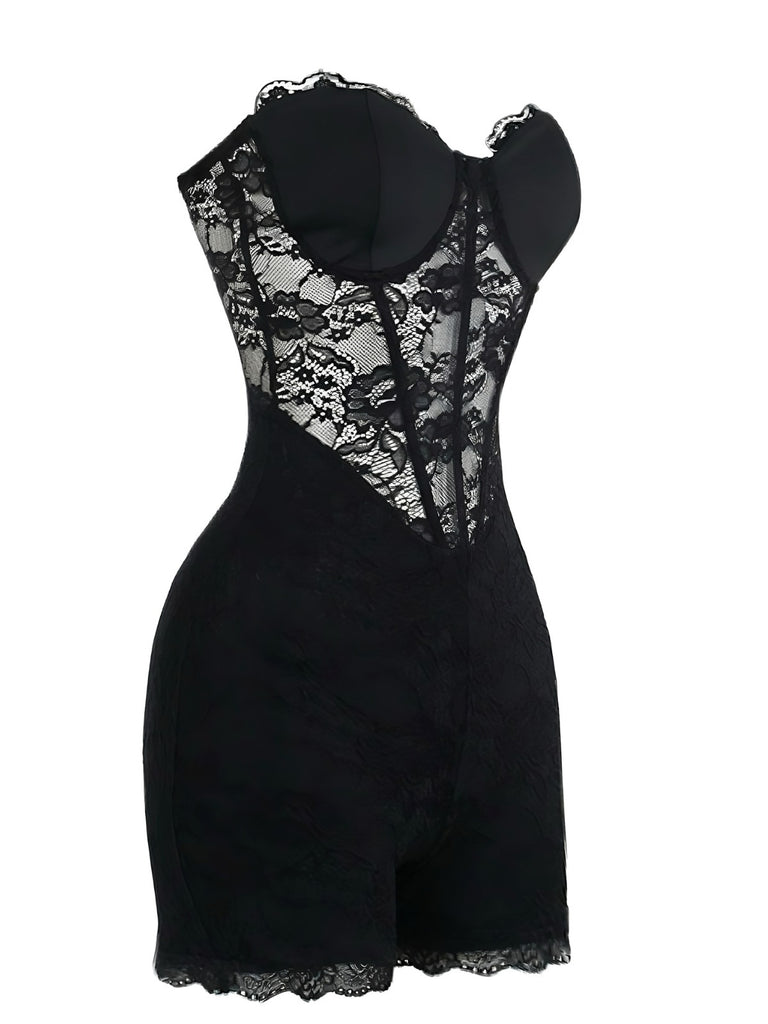 Black 1960s Floral Lace Bandeau Romper - vintage jumpsuit, retro fashion, classic black