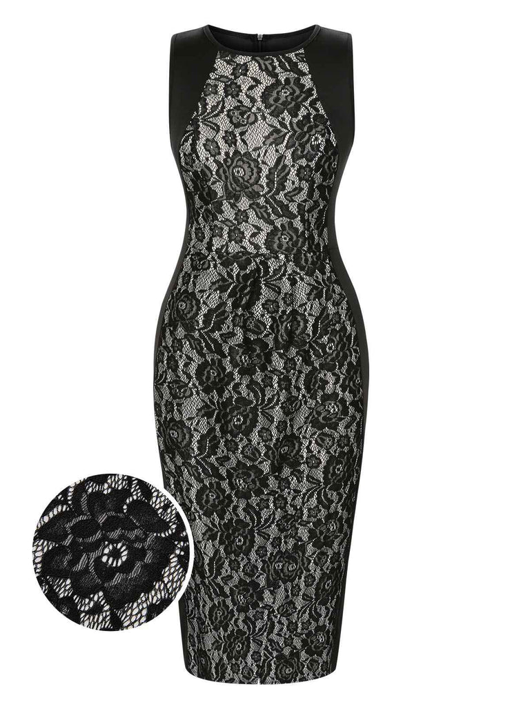 Black 1960s Floral Lace Slit Sleeveless Dress, vintage dress, retro fashion, floral print, lace detail - perfect for women who love vintage and retro fashion