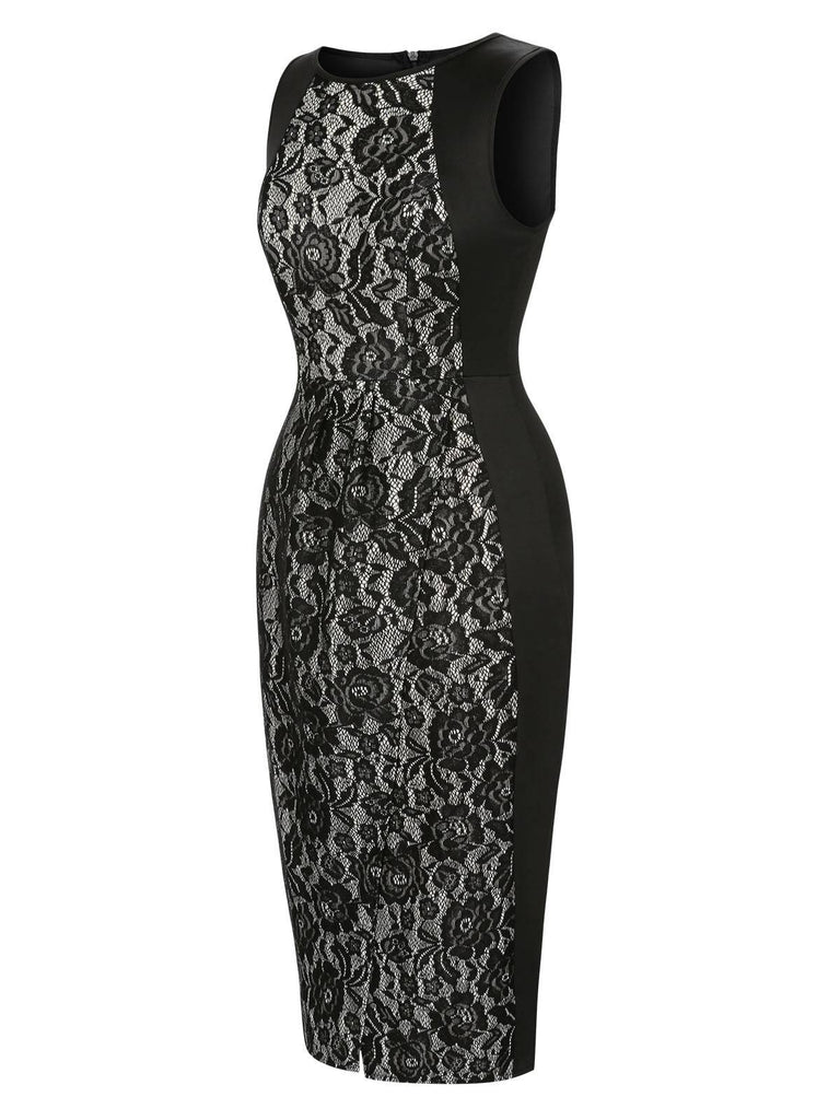 Black 1960s Floral Lace Slit Sleeveless Dress, vintage dress, retro fashion, floral print, lace detail - perfect for women who love vintage and retro fashion