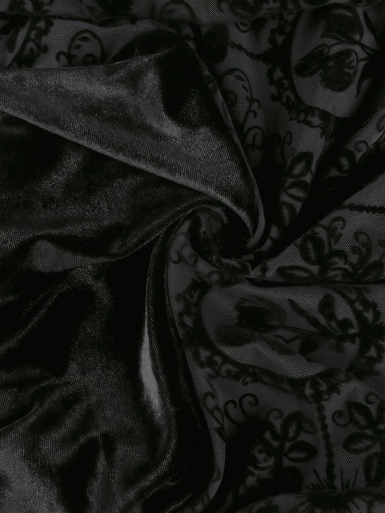 Black 1960s Gothic Flocked Dress - vintage dress, retro fashion, classic black