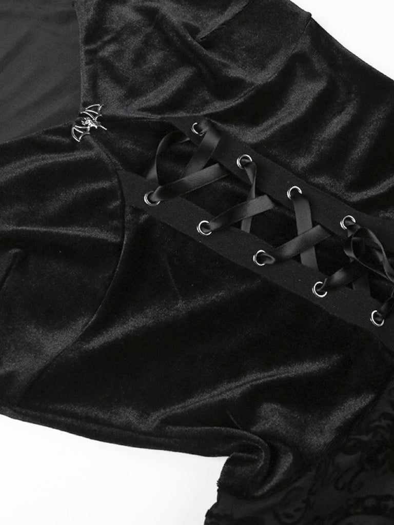 Black 1960s Gothic Flocked Dress - vintage dress, retro fashion, classic black