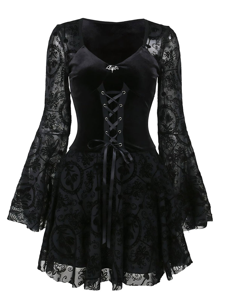 Black 1960s Gothic Flocked Dress - vintage dress, retro fashion, classic black