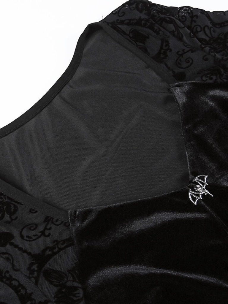 Black 1960s Gothic Flocked Dress - vintage dress, retro fashion, classic black