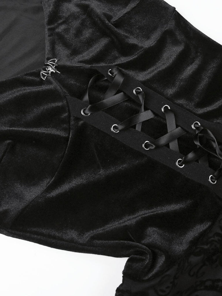 Black 1960s Gothic Flocked Dress - vintage dress, retro fashion, classic black