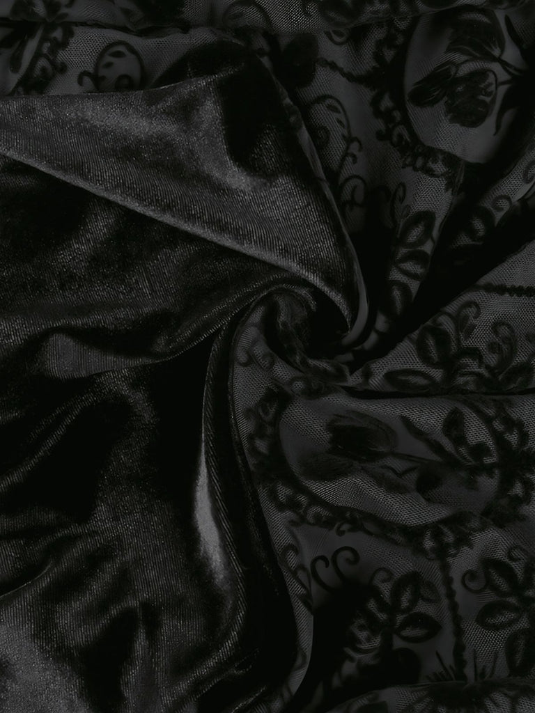 Black 1960s Gothic Flocked Dress - vintage dress, retro fashion, classic black