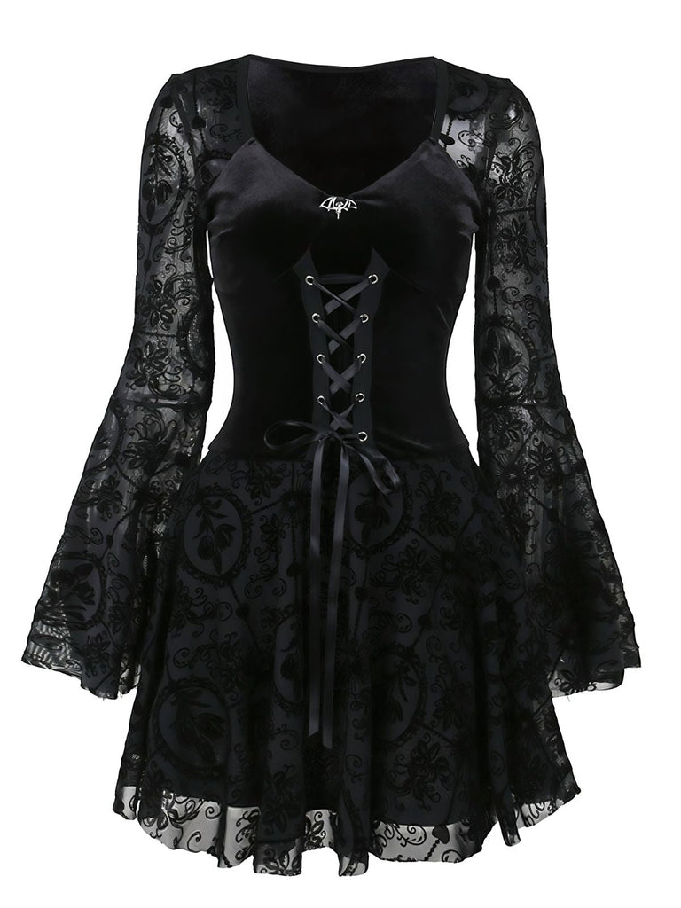 Black 1960s Gothic Flocked Dress - vintage dress, retro fashion, classic black