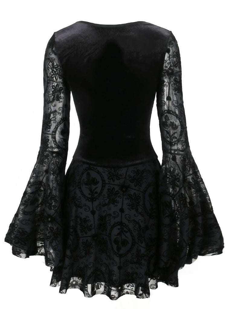 Black 1960s Gothic Flocked Dress - vintage dress, retro fashion, classic black