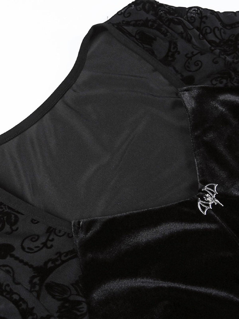 Black 1960s Gothic Flocked Dress - vintage dress, retro fashion, classic black