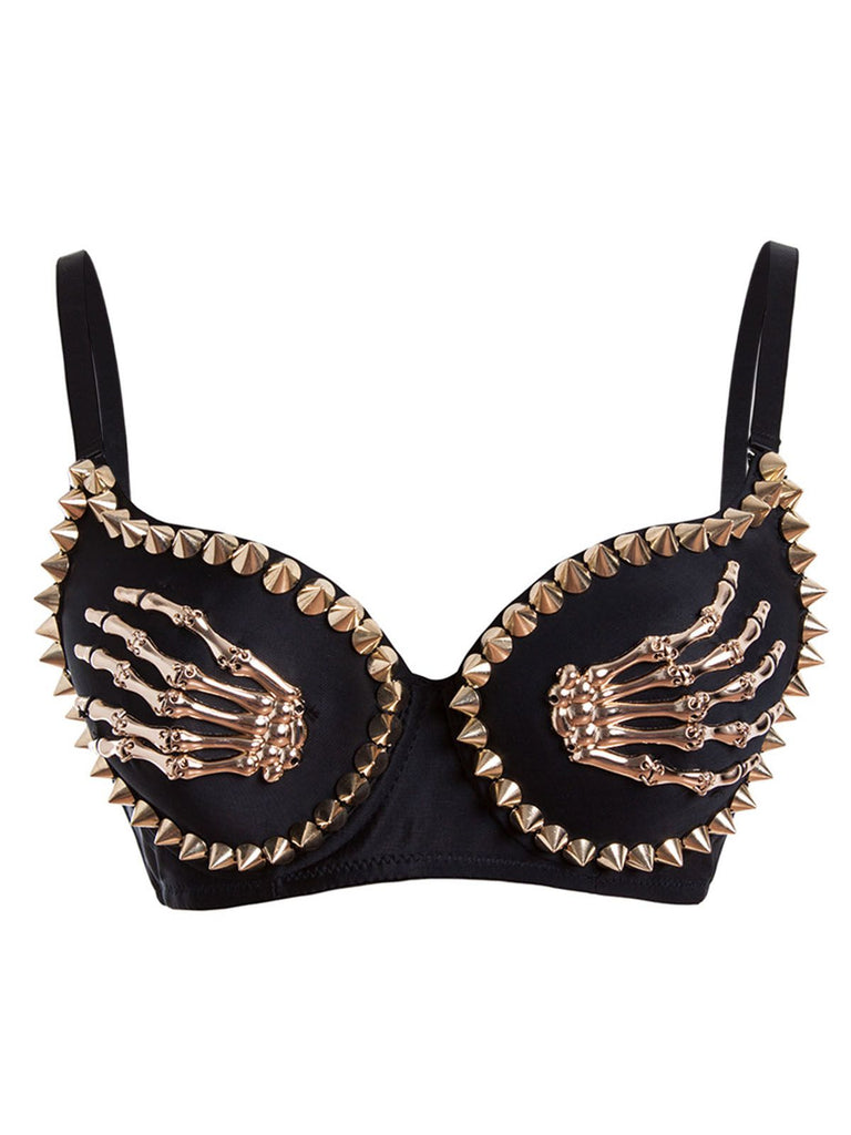 Black 1960s Gothic Punk Skeleton Hand Rivet Top - vintage fashion, retro style, classic black
