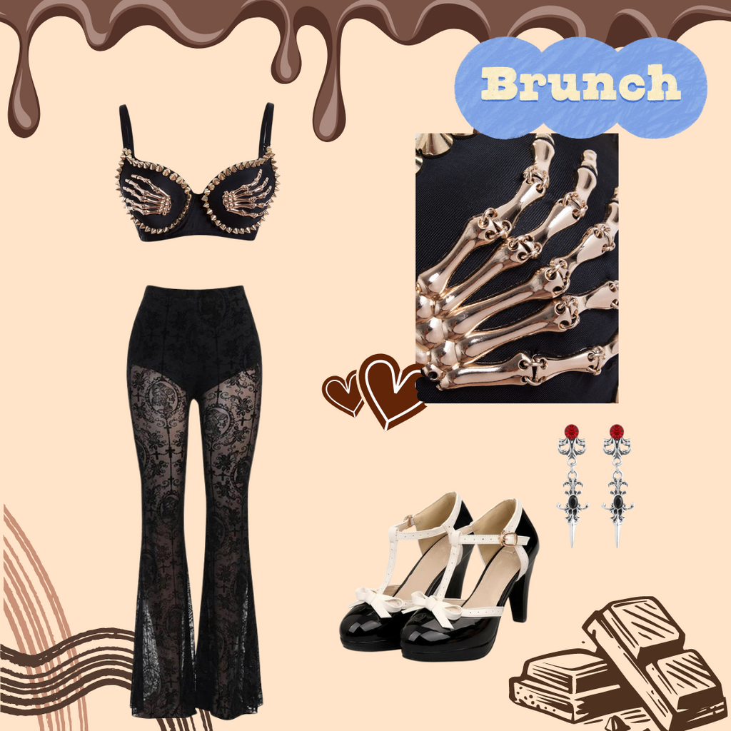 She pairs this Black 1960s Gothic Punk Skeleton Hand Rivet Top with confidence and 1960s charm