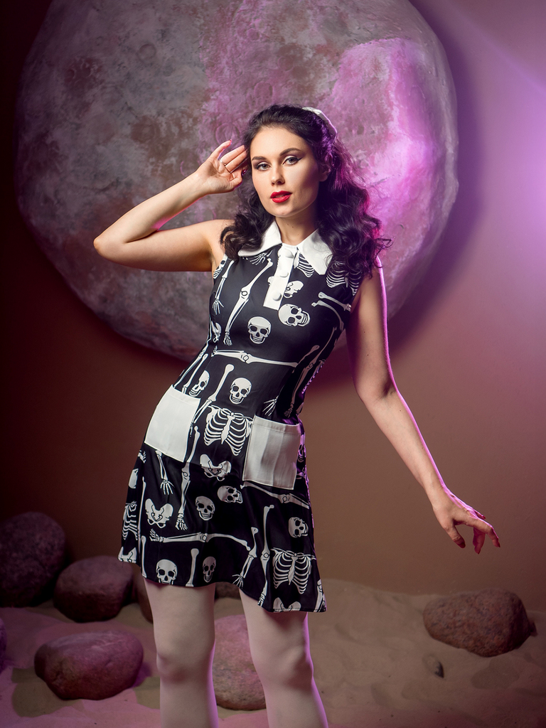 Black 1960s Halloween Skeleton Lapel Mod Dress - vintage dress, retro fashion, classic black