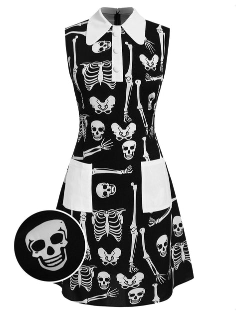 Halloween Skeleton Lapel Mod Dress Black