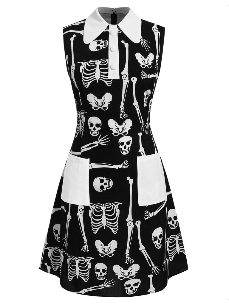 Gothic Skeleton Sleeveless Lapel Shift Dress Black Gothic Skeleton Sleeveless Lapel Shift Dress Black