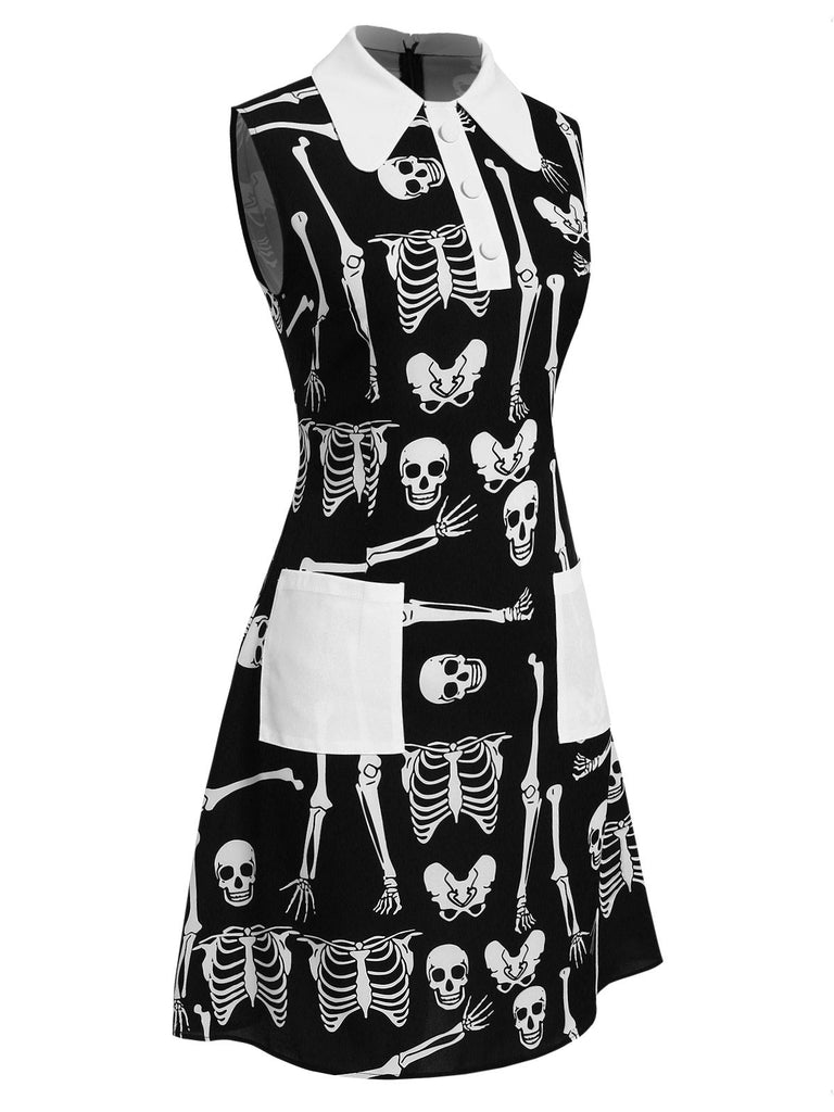 This Black 1960s Halloween Skeleton Lapel Mod Dress wraps her in 1960s elegance, one twirl at a time