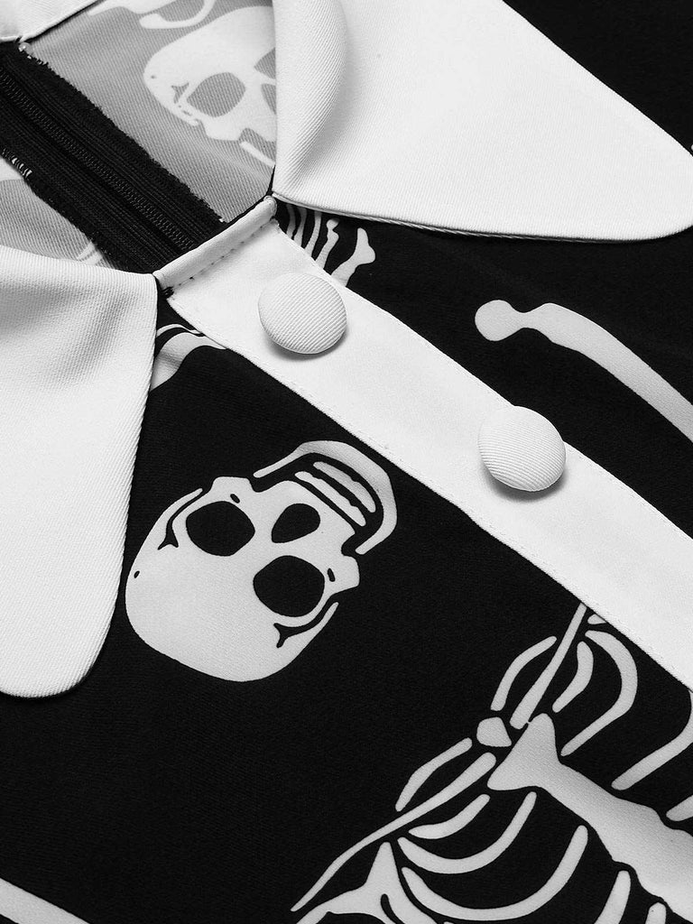 Black 1960s Halloween Skeleton Lapel Mod Dress — a 1960s silhouette that turns sidewalks into runways