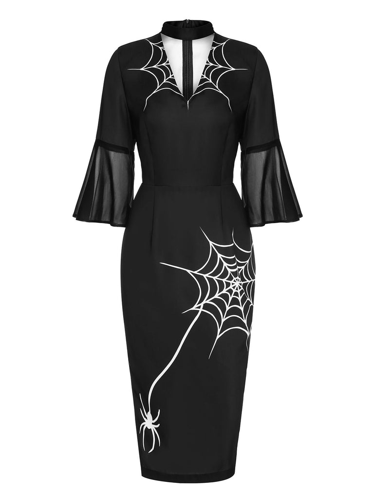 Black 1960s Halloween Spider Net Bell Pencil Dress, vintage dress, retro fashion - perfect for women who love vintage and retro fashion
