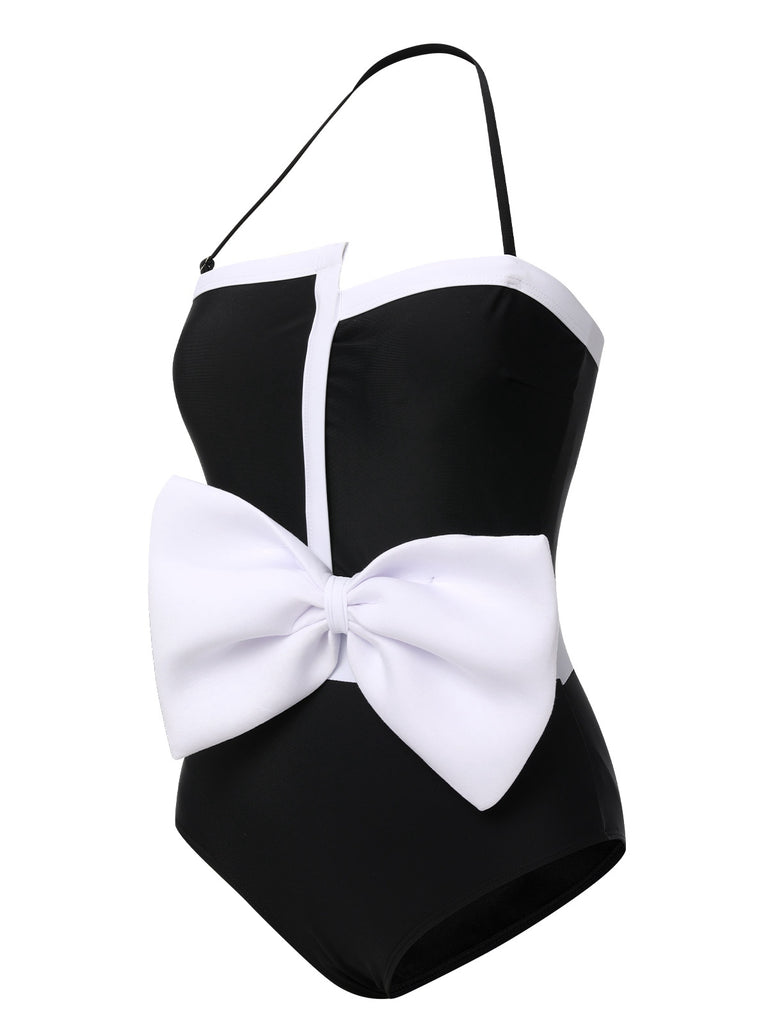 Black 1960s Halter Bow Colorblock Swimsuit: 1960s Riviera elegance, reimagined for her