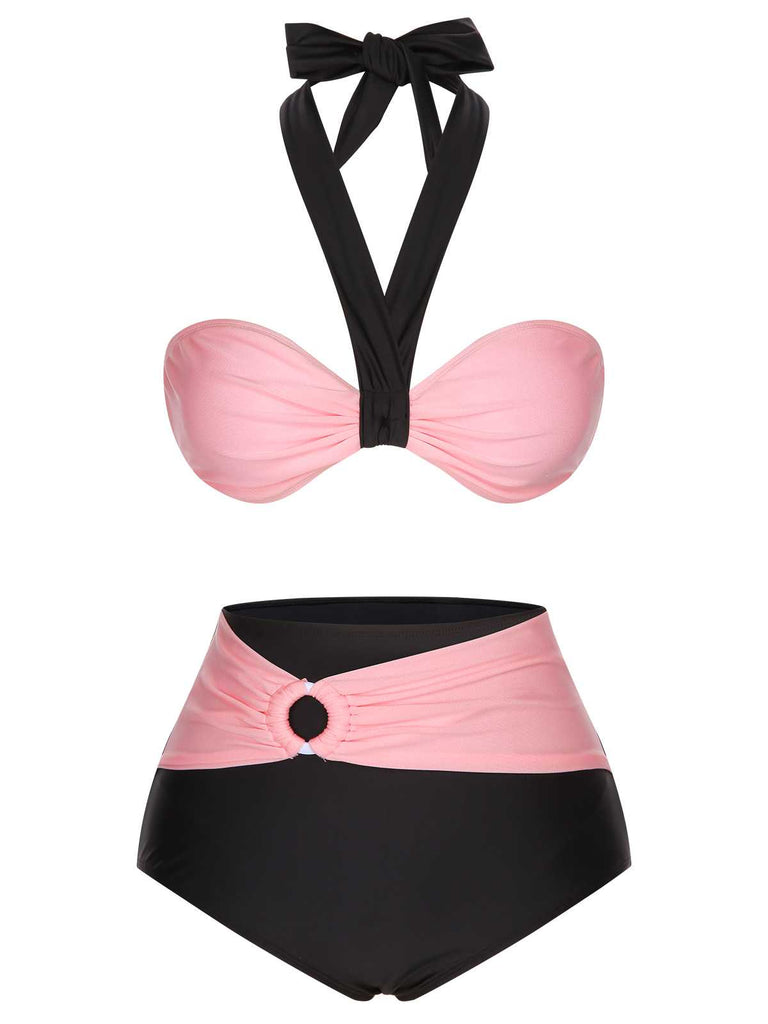 Black 1960s Halter Contrast Swimsuit: 1960s Riviera elegance, reimagined for her