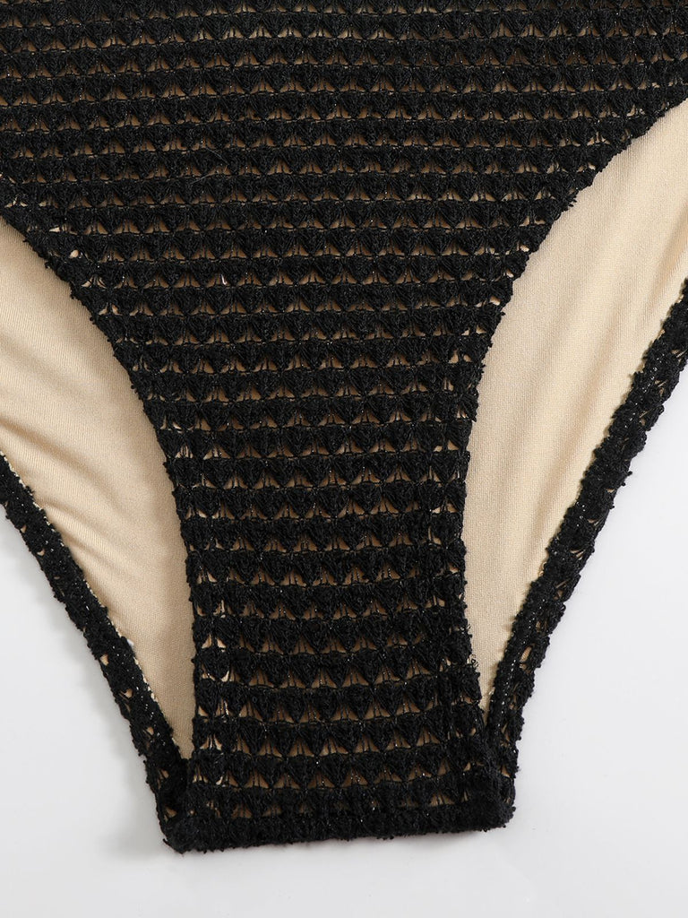 Black 1960s Knitted Beaded Bikini Set - vintage fashion, retro style, classic black