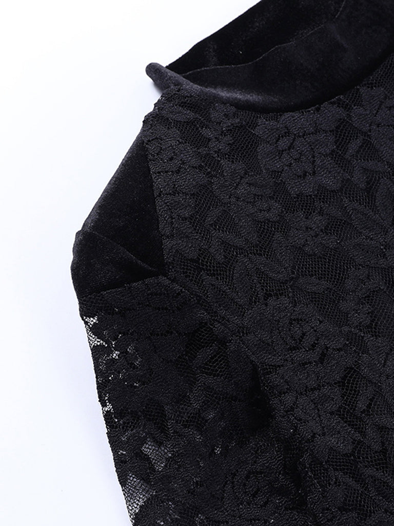 Black 1960s Lace Feather Hem Velvet Bodycon Dress - vintage dress, retro fashion, classic black