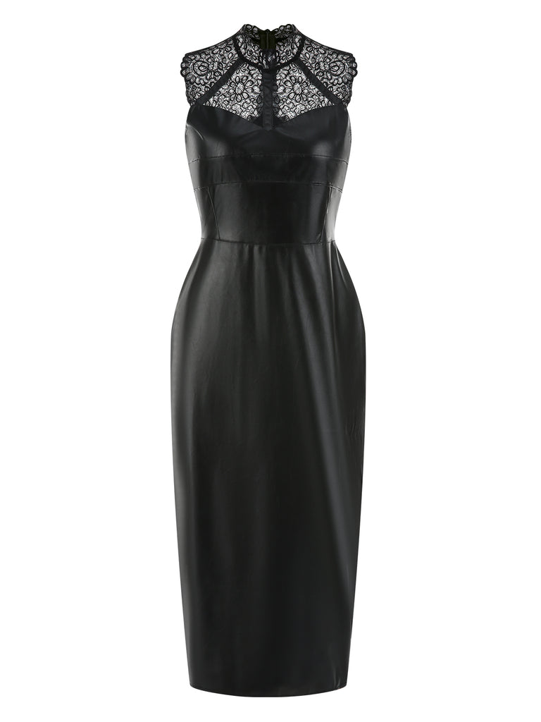 Black 1960s Lace PU Leather Dress, vintage dress, retro fashion, lace detail - perfect for women who love vintage and retro fashion