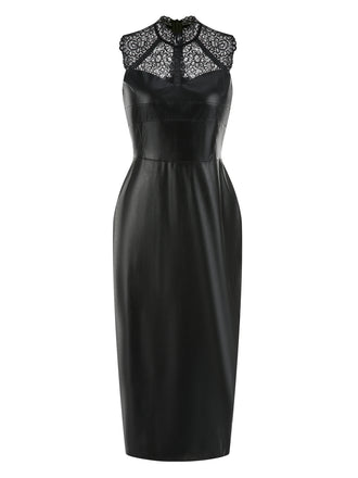 Black 1960s Lace PU Leather Dress, vintage dress, retro fashion, lace detail - perfect for women who love vintage and retro fashion