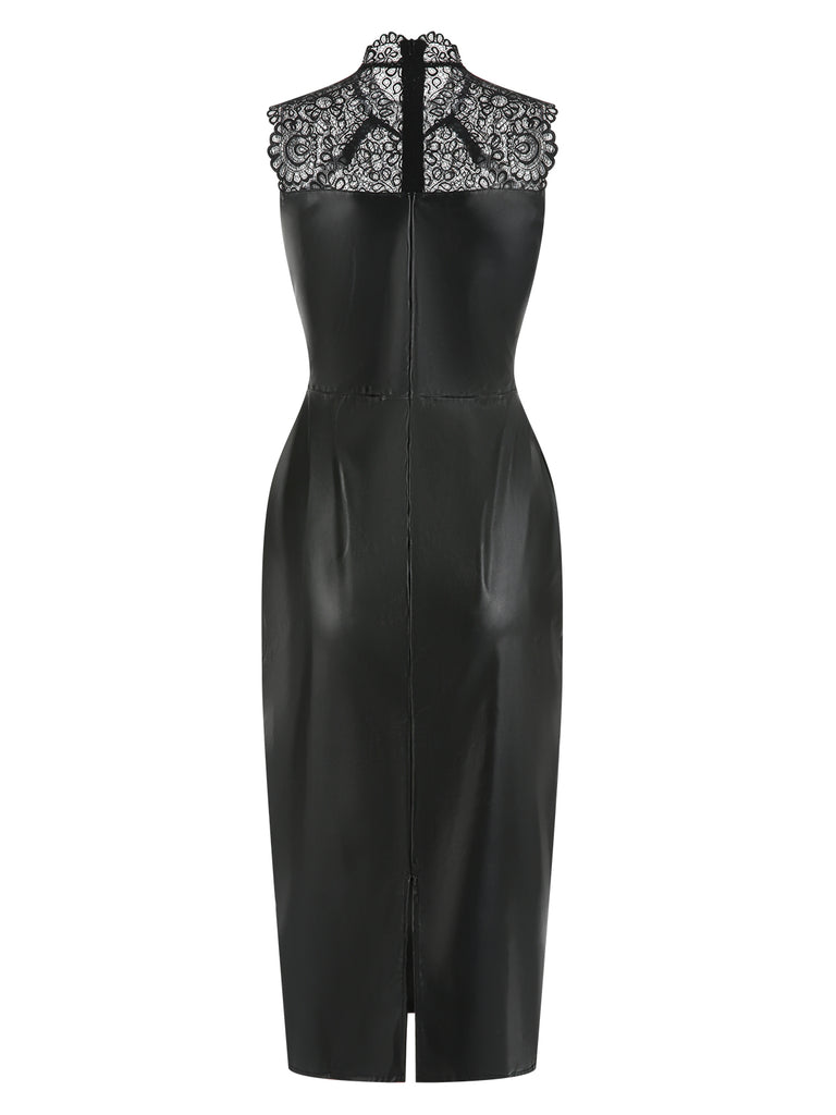 Black 1960s Lace PU Leather Dress, vintage dress, retro fashion, lace detail - perfect for women who love vintage and retro fashion