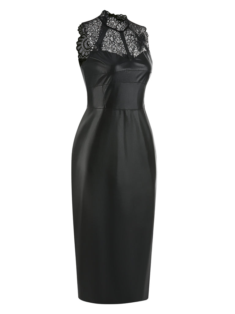 Black 1960s Lace PU Leather Dress, vintage dress, retro fashion, lace detail - perfect for women who love vintage and retro fashion
