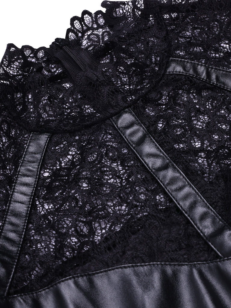 Black 1960s Lace PU Leather Dress, vintage dress, retro fashion, lace detail - perfect for women who love vintage and retro fashion