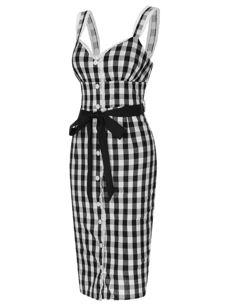 Black 1960s Lace Trim Gingham Bow Dress, vintage dress, retro fashion, lace detail - perfect for women who love vintage and retro fashion