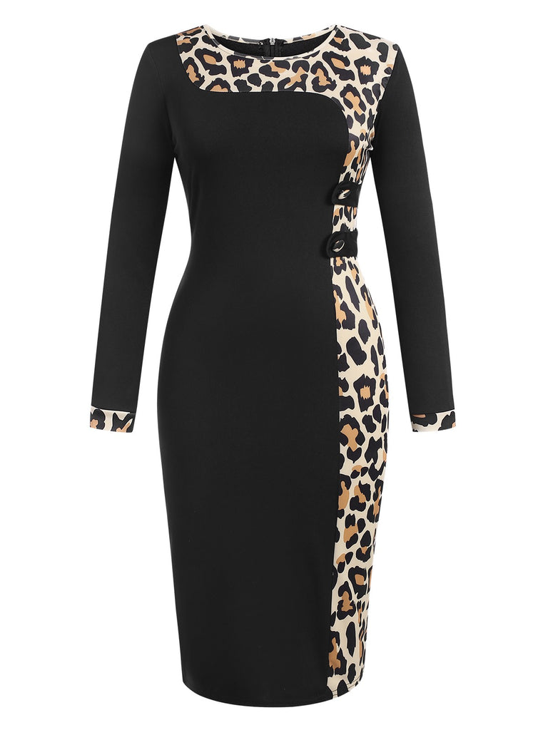 Black 1960s Leopard Patchwork Pencil Dress, vintage dress, retro fashion - perfect for women who love vintage and retro fashion
